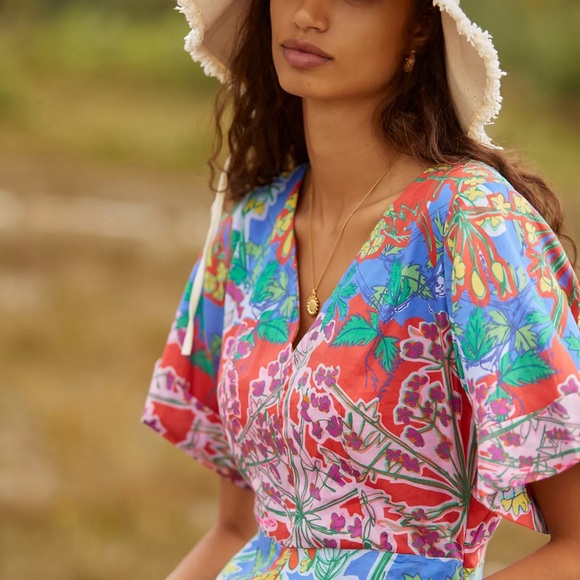 Anthropologie Amandine Maxi Dress M Medium Petite Blue Red Floral Pockets NWT - Picture 3 of 5